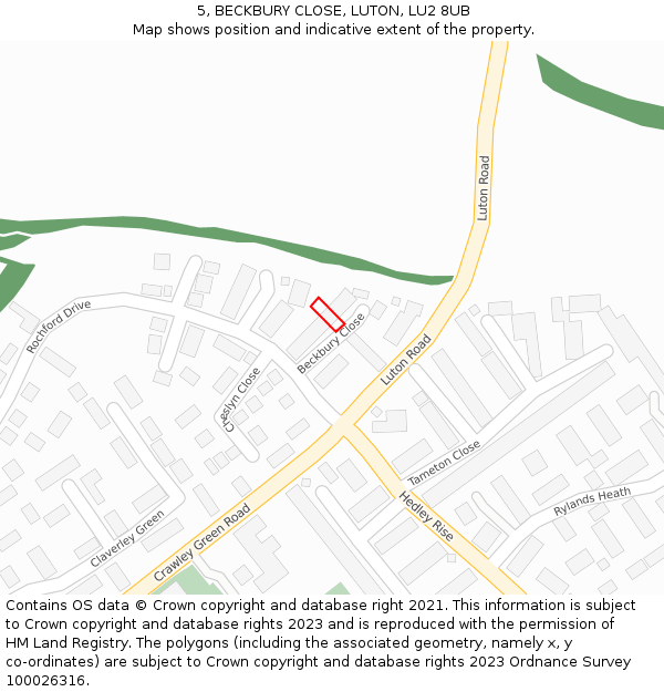 5, BECKBURY CLOSE, LUTON, LU2 8UB: Location map and indicative extent of plot