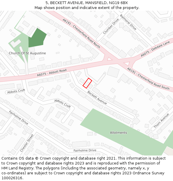 5, BECKETT AVENUE, MANSFIELD, NG19 6BX: Location map and indicative extent of plot