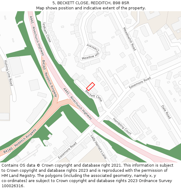 5, BECKETT CLOSE, REDDITCH, B98 8SR: Location map and indicative extent of plot