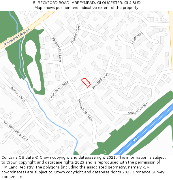 5, BECKFORD ROAD, ABBEYMEAD, GLOUCESTER, GL4 5UD: Location map and indicative extent of plot