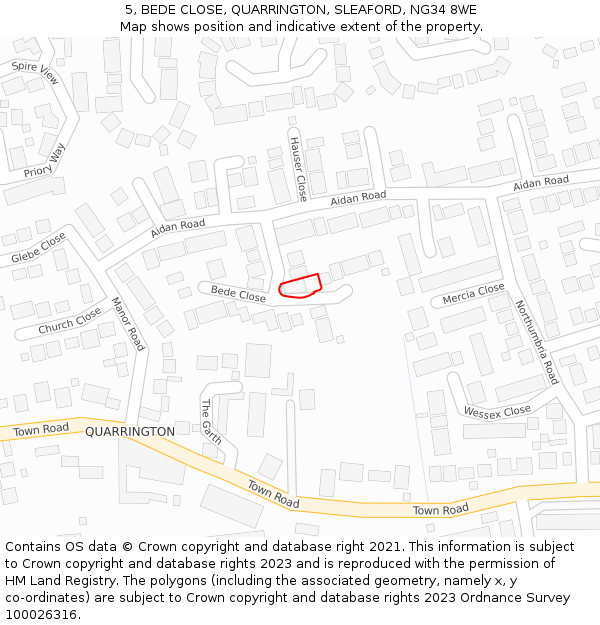 5, BEDE CLOSE, QUARRINGTON, SLEAFORD, NG34 8WE: Location map and indicative extent of plot