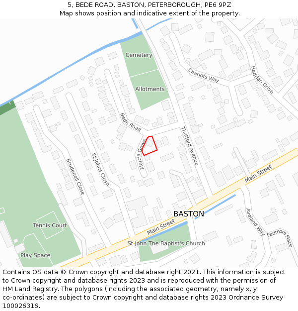 5, BEDE ROAD, BASTON, PETERBOROUGH, PE6 9PZ: Location map and indicative extent of plot