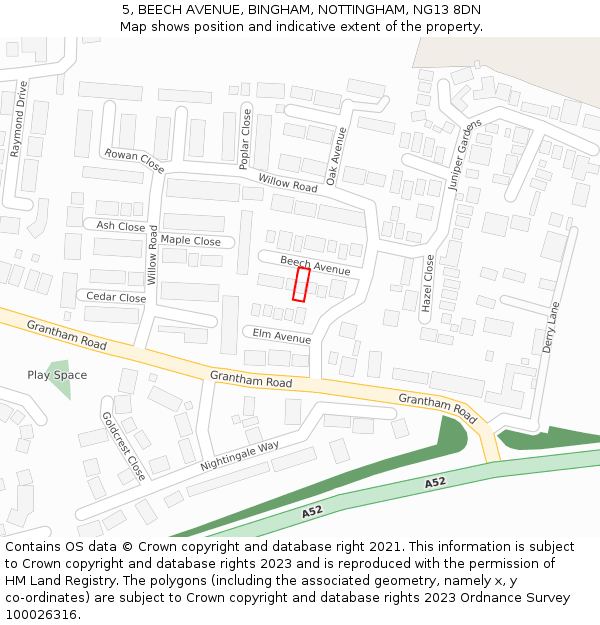 5, BEECH AVENUE, BINGHAM, NOTTINGHAM, NG13 8DN: Location map and indicative extent of plot