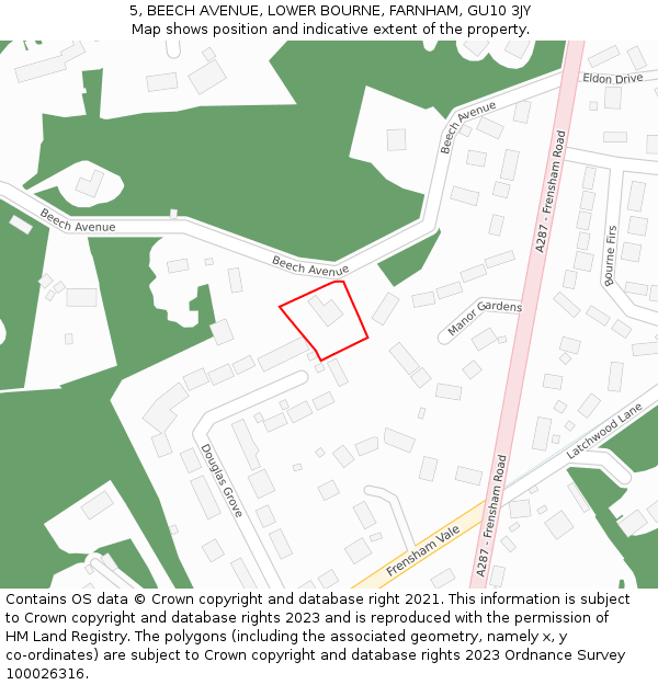 5, BEECH AVENUE, LOWER BOURNE, FARNHAM, GU10 3JY: Location map and indicative extent of plot