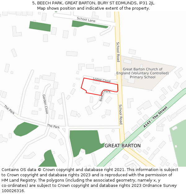 5, BEECH PARK, GREAT BARTON, BURY ST EDMUNDS, IP31 2JL: Location map and indicative extent of plot