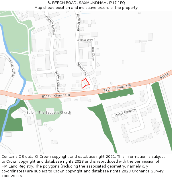 5, BEECH ROAD, SAXMUNDHAM, IP17 1FQ: Location map and indicative extent of plot