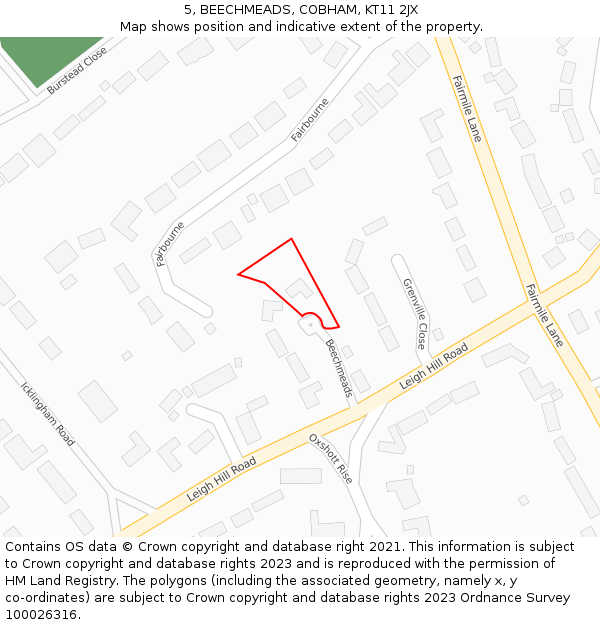 5, BEECHMEADS, COBHAM, KT11 2JX: Location map and indicative extent of plot