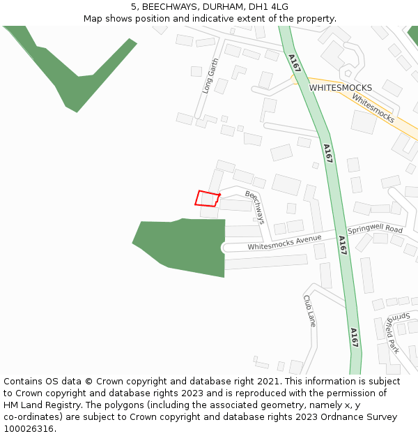 5, BEECHWAYS, DURHAM, DH1 4LG: Location map and indicative extent of plot