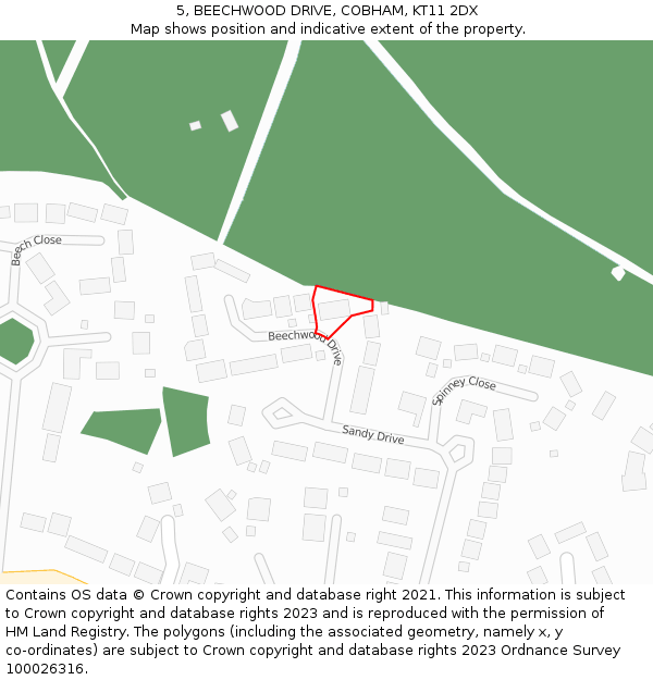 5, BEECHWOOD DRIVE, COBHAM, KT11 2DX: Location map and indicative extent of plot