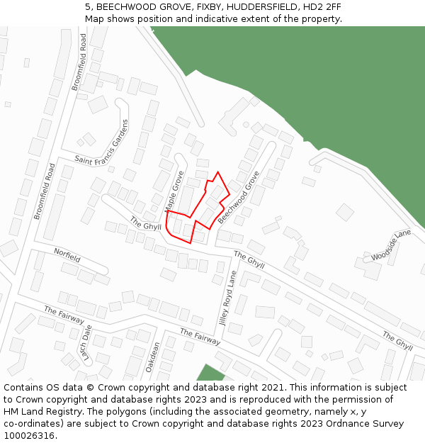 5, BEECHWOOD GROVE, FIXBY, HUDDERSFIELD, HD2 2FF: Location map and indicative extent of plot