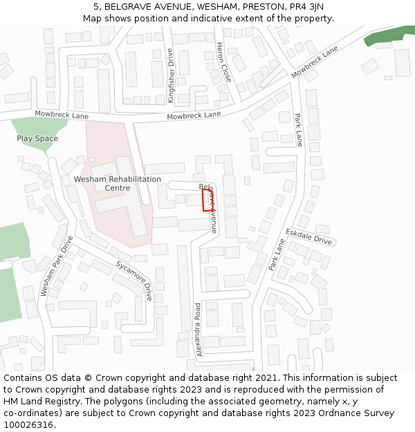5, BELGRAVE AVENUE, WESHAM, PRESTON, PR4 3JN: Location map and indicative extent of plot
