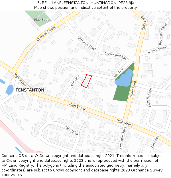 5, BELL LANE, FENSTANTON, HUNTINGDON, PE28 9JX: Location map and indicative extent of plot