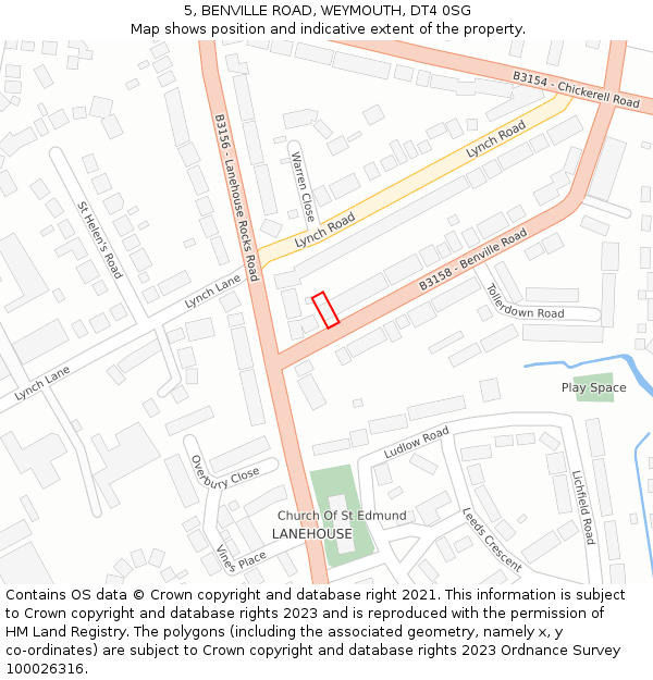 5, BENVILLE ROAD, WEYMOUTH, DT4 0SG: Location map and indicative extent of plot