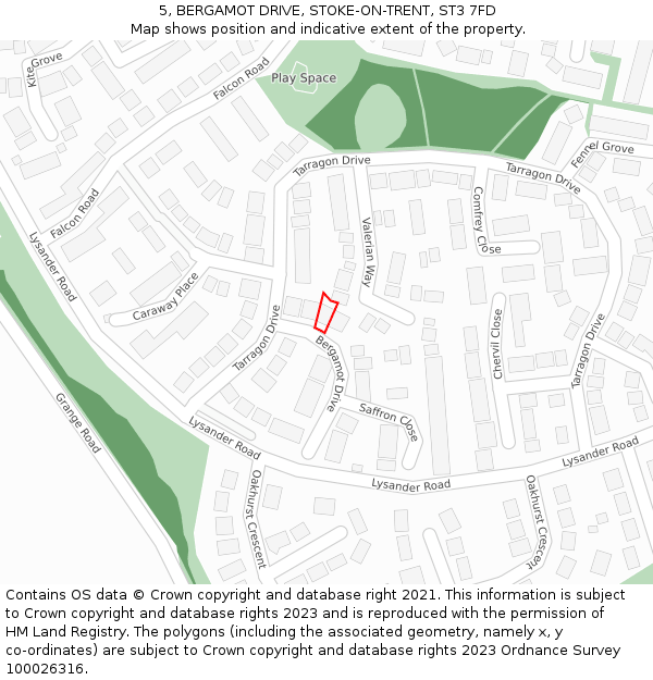 5, BERGAMOT DRIVE, STOKE-ON-TRENT, ST3 7FD: Location map and indicative extent of plot