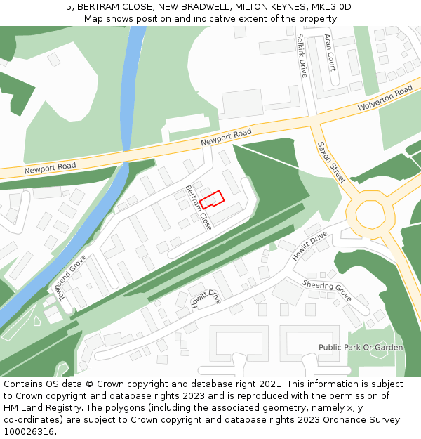 5, BERTRAM CLOSE, NEW BRADWELL, MILTON KEYNES, MK13 0DT: Location map and indicative extent of plot