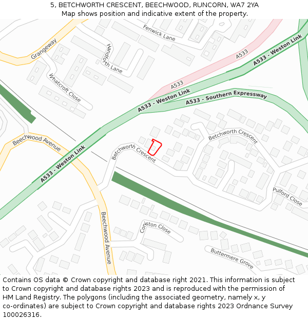 5, BETCHWORTH CRESCENT, BEECHWOOD, RUNCORN, WA7 2YA: Location map and indicative extent of plot