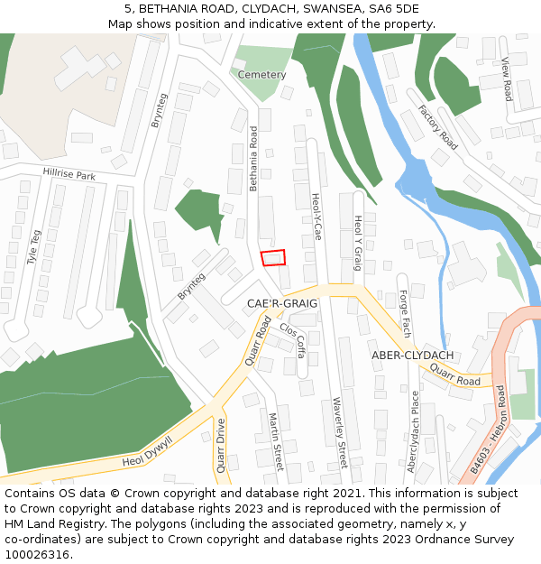 5, BETHANIA ROAD, CLYDACH, SWANSEA, SA6 5DE: Location map and indicative extent of plot