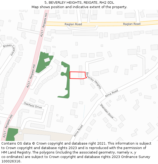 5, BEVERLEY HEIGHTS, REIGATE, RH2 0DL: Location map and indicative extent of plot