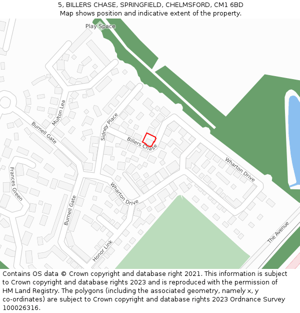 5, BILLERS CHASE, SPRINGFIELD, CHELMSFORD, CM1 6BD: Location map and indicative extent of plot