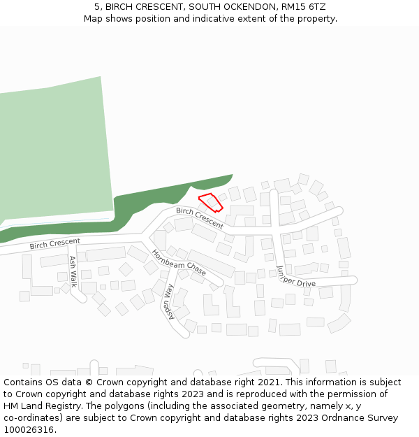 5, BIRCH CRESCENT, SOUTH OCKENDON, RM15 6TZ: Location map and indicative extent of plot