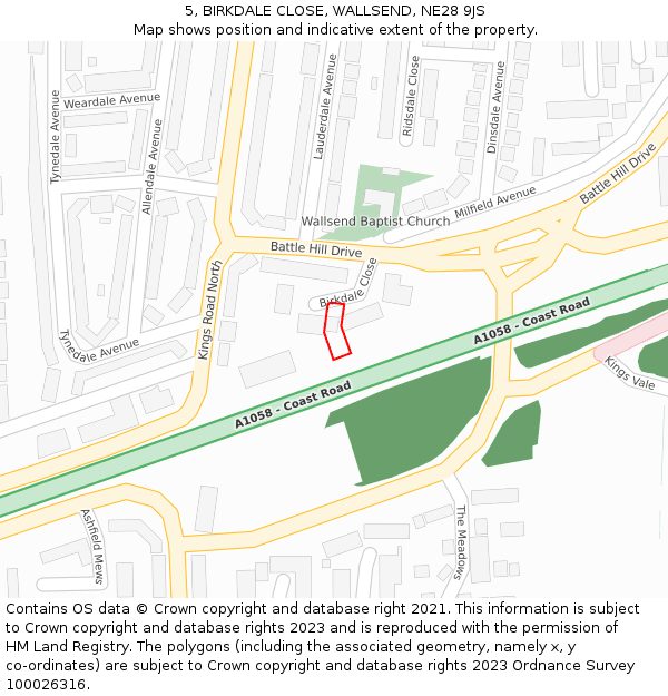 5, BIRKDALE CLOSE, WALLSEND, NE28 9JS: Location map and indicative extent of plot