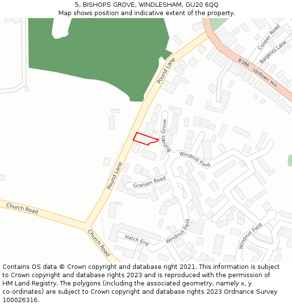 5, BISHOPS GROVE, WINDLESHAM, GU20 6QQ: Location map and indicative extent of plot
