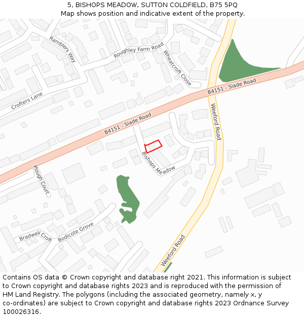5, BISHOPS MEADOW, SUTTON COLDFIELD, B75 5PQ: Location map and indicative extent of plot
