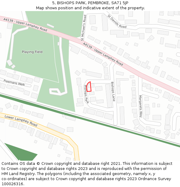 5, BISHOPS PARK, PEMBROKE, SA71 5JP: Location map and indicative extent of plot