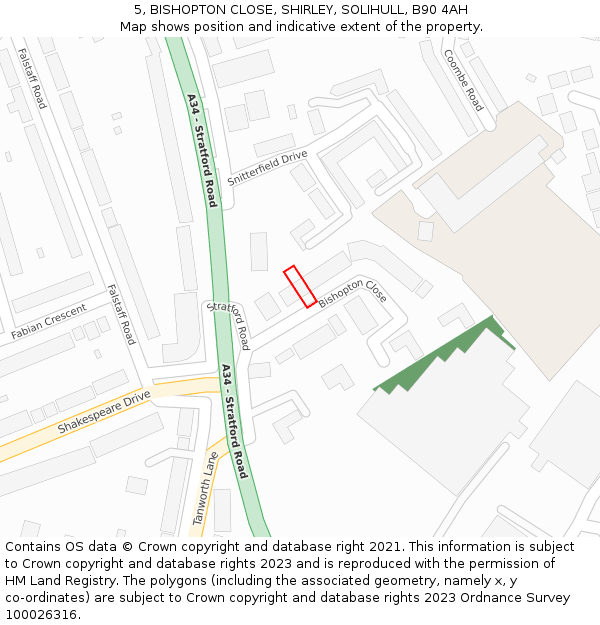 5, BISHOPTON CLOSE, SHIRLEY, SOLIHULL, B90 4AH: Location map and indicative extent of plot