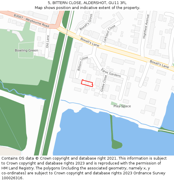 5, BITTERN CLOSE, ALDERSHOT, GU11 3FL: Location map and indicative extent of plot