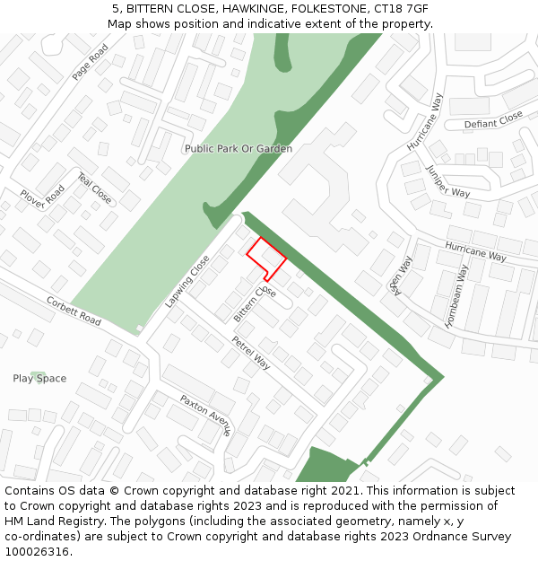 5, BITTERN CLOSE, HAWKINGE, FOLKESTONE, CT18 7GF: Location map and indicative extent of plot