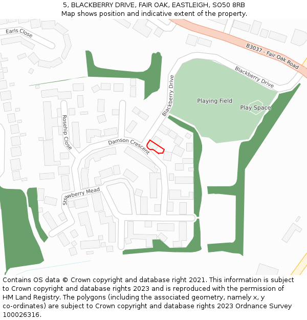 5, BLACKBERRY DRIVE, FAIR OAK, EASTLEIGH, SO50 8RB: Location map and indicative extent of plot