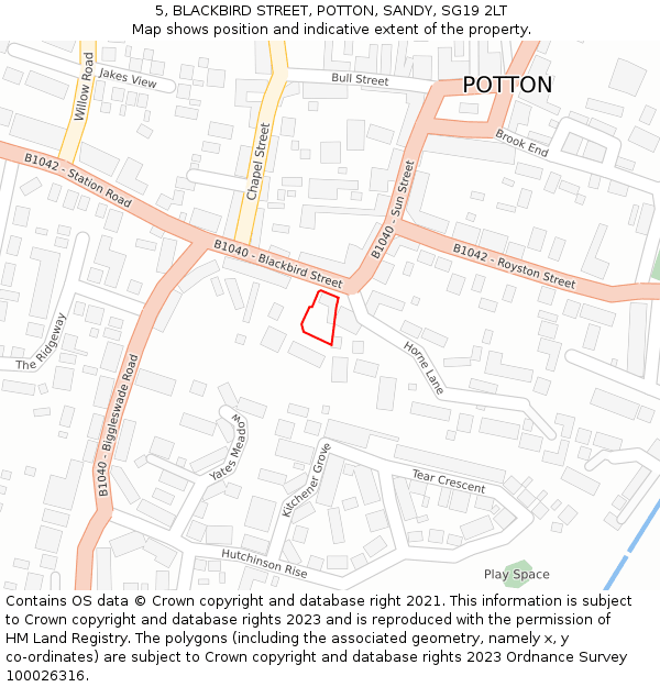 5, BLACKBIRD STREET, POTTON, SANDY, SG19 2LT: Location map and indicative extent of plot