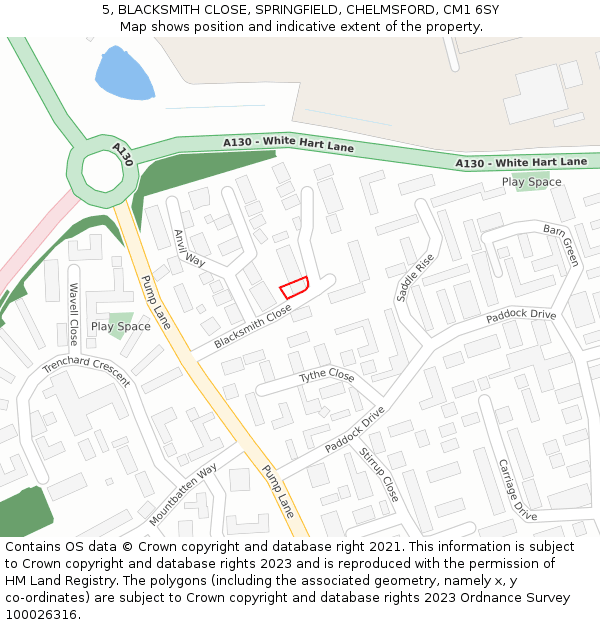 5, BLACKSMITH CLOSE, SPRINGFIELD, CHELMSFORD, CM1 6SY: Location map and indicative extent of plot