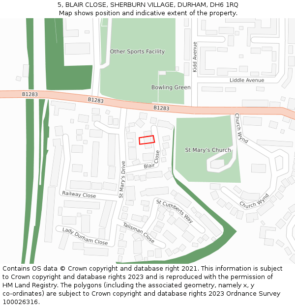 5, BLAIR CLOSE, SHERBURN VILLAGE, DURHAM, DH6 1RQ: Location map and indicative extent of plot