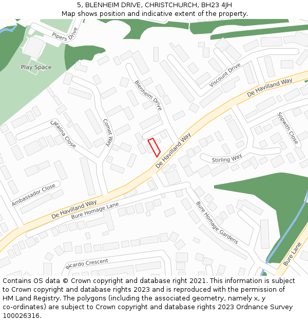 5, BLENHEIM DRIVE, CHRISTCHURCH, BH23 4JH: Location map and indicative extent of plot