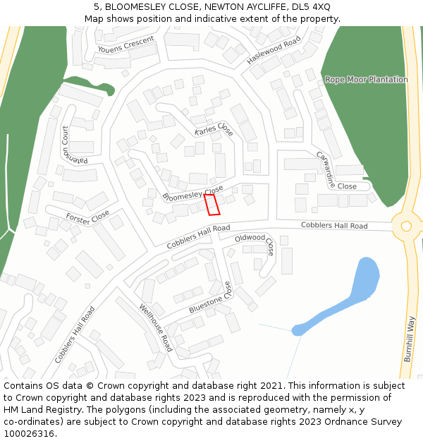 5, BLOOMESLEY CLOSE, NEWTON AYCLIFFE, DL5 4XQ: Location map and indicative extent of plot