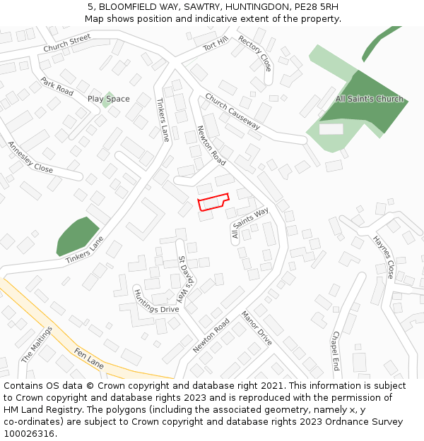 5, BLOOMFIELD WAY, SAWTRY, HUNTINGDON, PE28 5RH: Location map and indicative extent of plot