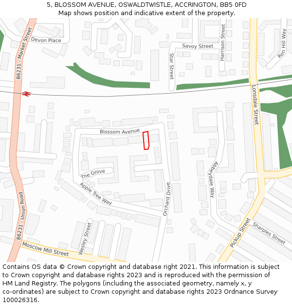 5, BLOSSOM AVENUE, OSWALDTWISTLE, ACCRINGTON, BB5 0FD: Location map and indicative extent of plot