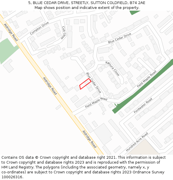 5, BLUE CEDAR DRIVE, STREETLY, SUTTON COLDFIELD, B74 2AE: Location map and indicative extent of plot