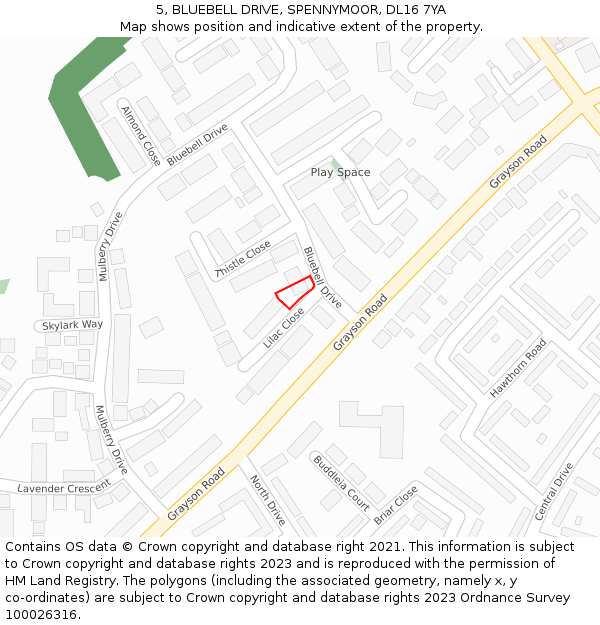 5, BLUEBELL DRIVE, SPENNYMOOR, DL16 7YA: Location map and indicative extent of plot