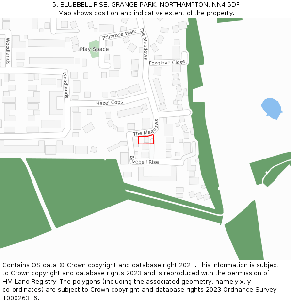 5, BLUEBELL RISE, GRANGE PARK, NORTHAMPTON, NN4 5DF: Location map and indicative extent of plot