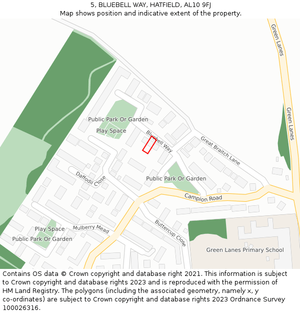 5, BLUEBELL WAY, HATFIELD, AL10 9FJ: Location map and indicative extent of plot