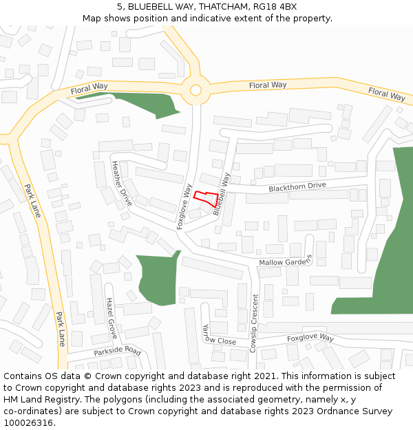 5, BLUEBELL WAY, THATCHAM, RG18 4BX: Location map and indicative extent of plot