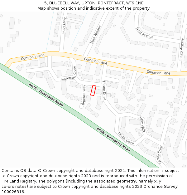 5, BLUEBELL WAY, UPTON, PONTEFRACT, WF9 1NE: Location map and indicative extent of plot