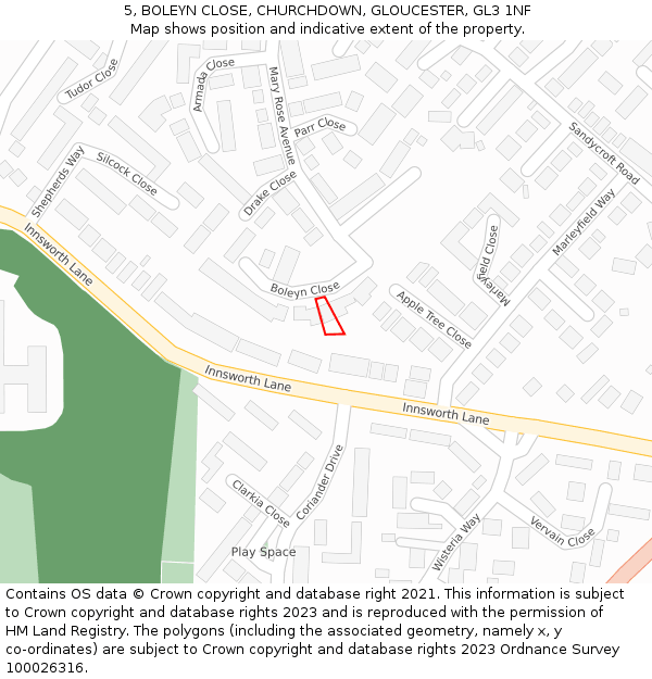 5, BOLEYN CLOSE, CHURCHDOWN, GLOUCESTER, GL3 1NF: Location map and indicative extent of plot