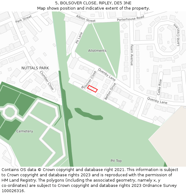 5, BOLSOVER CLOSE, RIPLEY, DE5 3NE: Location map and indicative extent of plot