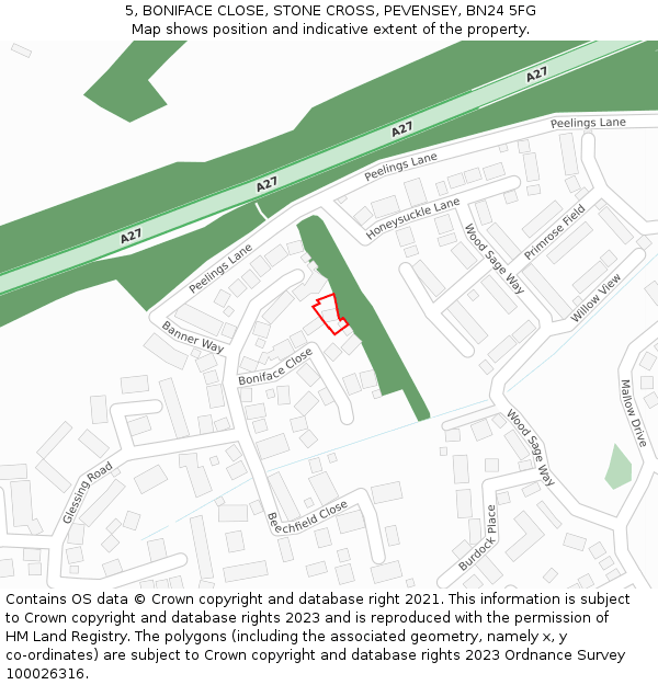 5, BONIFACE CLOSE, STONE CROSS, PEVENSEY, BN24 5FG: Location map and indicative extent of plot
