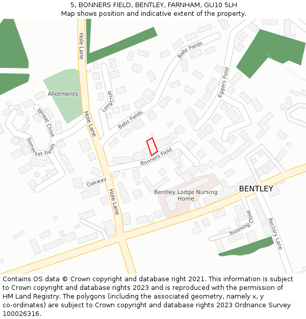 5, BONNERS FIELD, BENTLEY, FARNHAM, GU10 5LH: Location map and indicative extent of plot