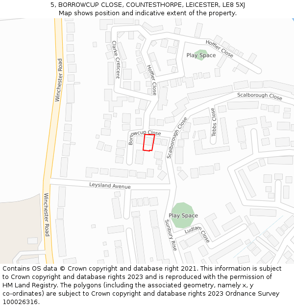 5, BORROWCUP CLOSE, COUNTESTHORPE, LEICESTER, LE8 5XJ: Location map and indicative extent of plot